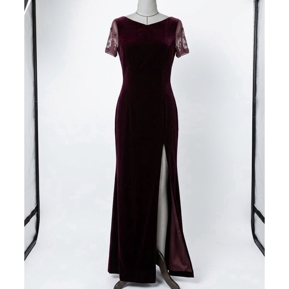 Maggy London Dress Womens 6 Burgundy Velvet Lace Sleeve Evening Gown Maxi Slit